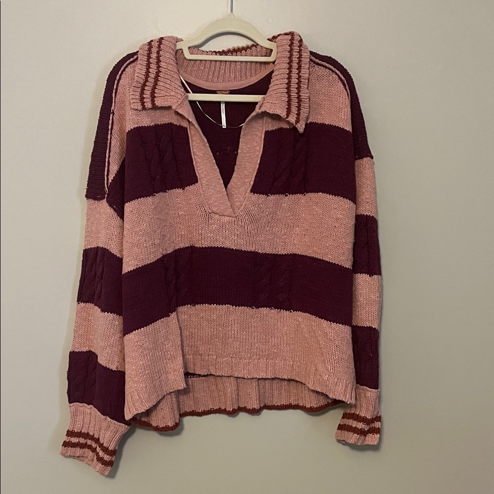 Free People Pink and Burgundy V-Neck Sweater in